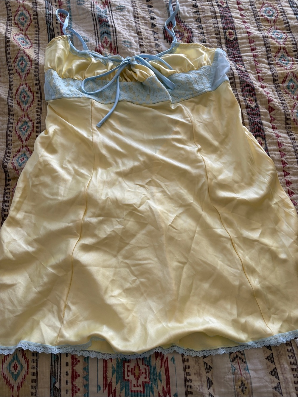 Frankie's Bikinis Yellow Satin Chemise with Light Blue Lace